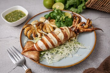 Grilled Squid with spicy seafood dipping sauce,