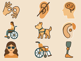 The image shows a set of disability icons, including a guide dog, wheelchair, prosthetic leg, hearing aid, sign language gesture, brain, and a person with visual impairment.
