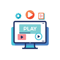 Computer screen displaying a play button for video marketing and online content creation