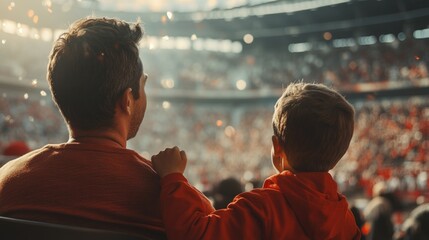 Man and child sitting together in the stands of a packed stadium, cheering on their team during a professional baseball game.