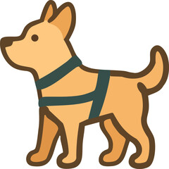 A flat vector icon of a guide dog wearing a harness, representing assistance for visually impaired individuals.