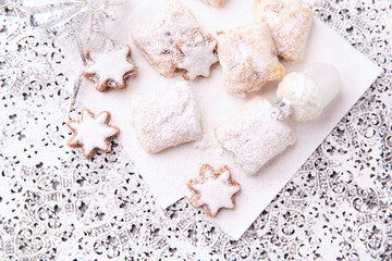 Christmas cookies on bright background. Soft focus. Close up.	