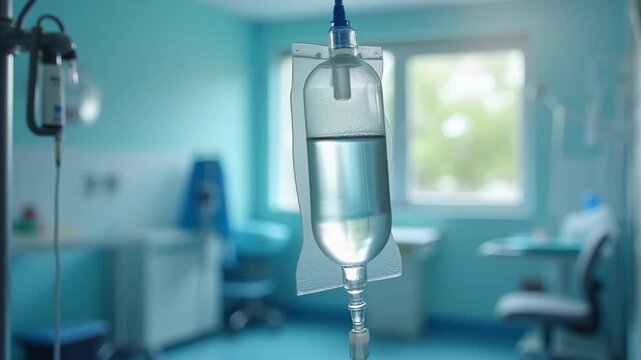 IV drip chamber closely visible with clear droplets, fluid bag suspended, modern hospital room in background.

