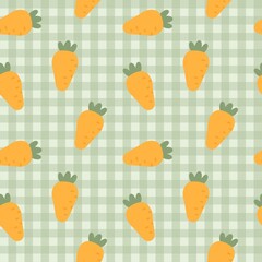 Cute seamless pattern featuring vibrant orange carrots on a fresh green gingham background, perfect for spring, Easter, or healthy eating themes.