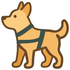 A flat vector icon of a guide dog wearing a harness, representing assistance for visually impaired individuals.