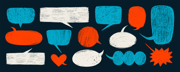 Naklejka premium Crayon speech bubbles and talk elements in red, blue and white on dark background. Vector Hand drawn text box, doodle cloud and chalk bubble in cartoon style. Great for comics, quotes, stickers