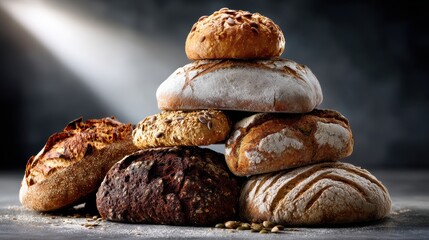Artisanal bread loaves stacked for bakery display