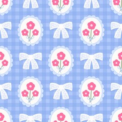 Charming seamless pattern featuring delicate white bows and pink flowers in oval frames on a classic blue gingham background, ideal for baby, vintage, or spring designs.