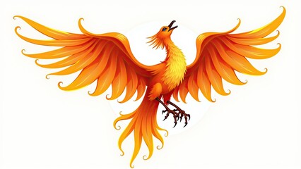 Obraz premium Vibrant Phoenix soars with flaming orange wings against a bright white backdrop, artistic rendering.