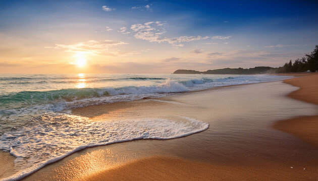 serene beach scene at sunrise calm waves gently kissing shore on quiet summer day
