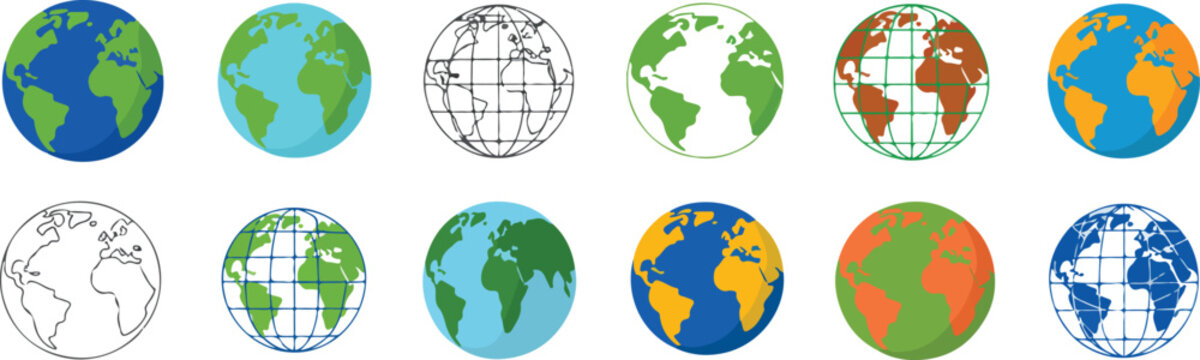 Diverse planet earth globes with continents and oceans in various colors and styles planets world vector bundle collection set pack template elements icons clipart illustration editable flat minimal m