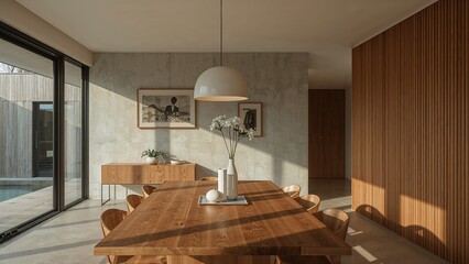Sunlit dining area with concrete walls and wooden accents.