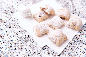 Stollen Bites on bright background. Soft focus. Close up. Copy space.	