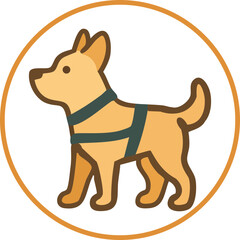 A flat vector icon of a guide dog wearing a harness, representing assistance for visually impaired individuals.