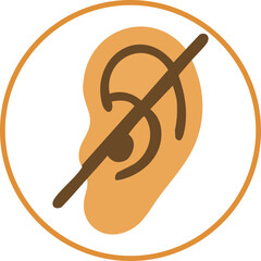 A flat vector icon of an ear with a diagonal line crossing through it, symbolizing hearing impairment or deafness.