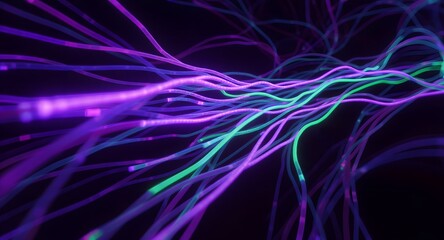 Abstract depiction of flowing digital data streams rendered in shades of purple and green against a dark background conveying technological interconnectivity and futuristic design.
