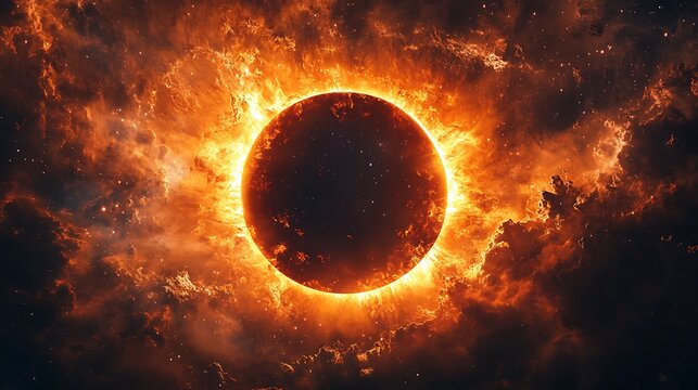 Mysterious oval celestial body engulfed in fiery cosmic nebula and intense solar flares - Powered by Adobe