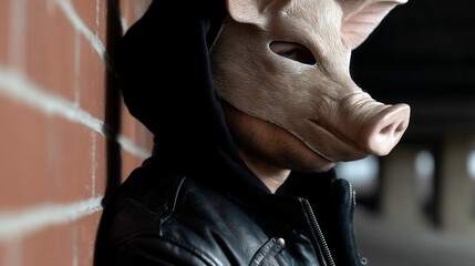 Obraz premium Masked figure leaning against a brick wall