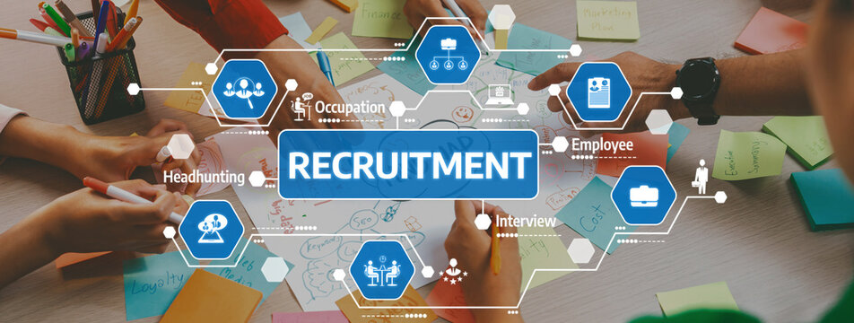 A dynamic collaborative session focused on recruitment strategies. The image showcases various elements representing interviews, headhunting, and employee selection processes. Amity