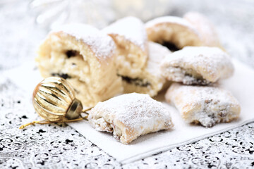 Stollen Bites on bright background. Soft focus. Close up. Copy space.	