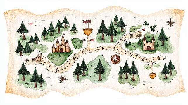 A whimsical illustrated map featuring castles, forests, and a winding path inviting adventurers to explore new realms.