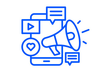 Blue outlined graphic showcases a marketing concept on a mobile phone, highlighting social media strategy, megaphone amplification, video content promotion, and engagement increase with like symbols.