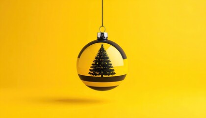 Christmas ornament with a black silhouette of a tree on a yellow background