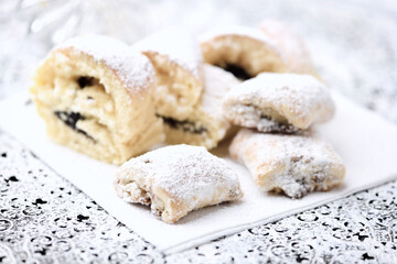 Stollen Bites on bright background. Soft focus. Close up. Copy space.	