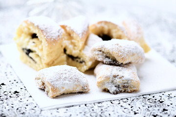 Stollen Bites on bright background. Soft focus. Close up. Copy space.	
