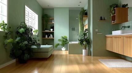 Fototapeta premium Stylish Scandinavian bathroom interior design with wooden vanity and modern fixtures showcasing a sleek aesthetic and comfortable ambiance