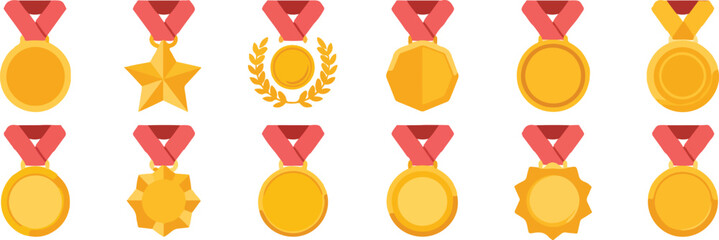 Fototapeta premium Gold medals with red ribbons and various award designs awards star vector bundle collection set pack template elements icons clipart illustration editable flat minimal modern banner poster png eps png