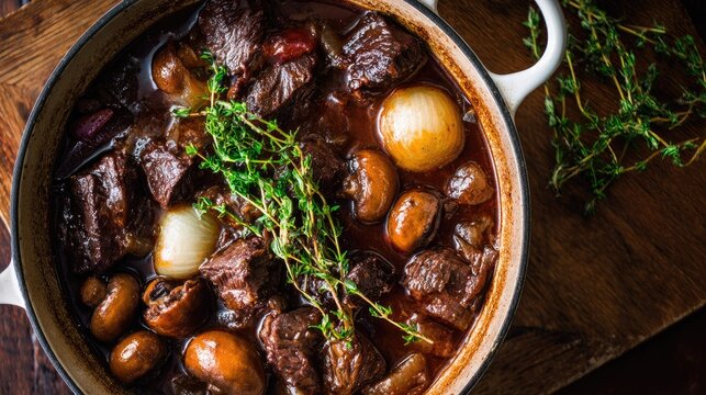 Hearty beef stew in a white enamel pot, garnished with fresh thyme