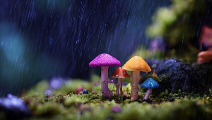 Colorful mushrooms in a rain-drenched forest
