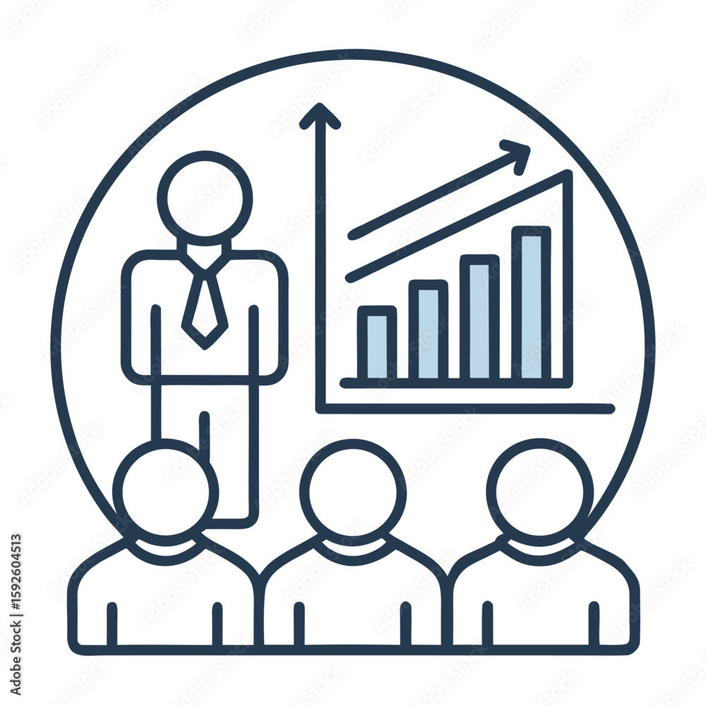 Poster minimal outline icon representing a business presentation with charts and data