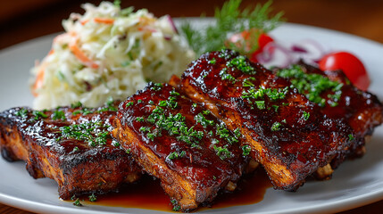 Close up of glazed ribs with coleslaw and tomato garnish on a white plate presentation view