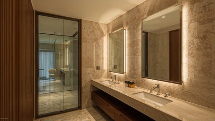 Contemporary bathroom vanity with double sinks and illuminated mirrors.
