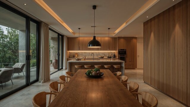 Modern kitchen and dining area with a view.