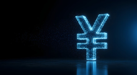 Japanese Yen Sign Made of Particles on Dark Blue Background &ndash; Stable Coin Concept