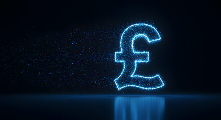 British Pound Sign Made of Particles on Dark Blue Background – Stable Coin Concept