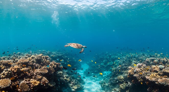 Vibrant tropical coral reefs teem with marine life as scuba divers explore the clear underwater ocean