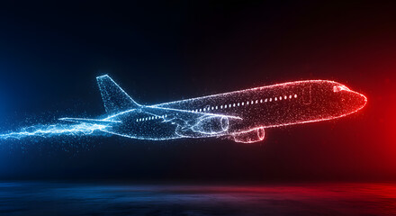Futuristic Digital Airplane Made of Particles on Dark Blue & Red Background &ndash; Logistics Technology Concept