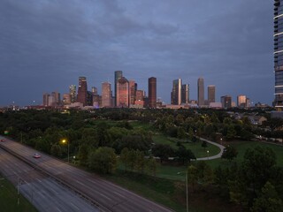 Obraz premium Downtown Houston, Texas, USA Drone Skyline Aerial Panorama At Sunset