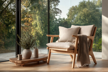 Relaxing Scene: Modern chair by window with nature view and accessories in a cozy setting.