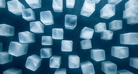 Abstract blue cubes floating against a dark background illuminated with soft lighting creating depth and a surreal atmosphere suggestive of digital art.