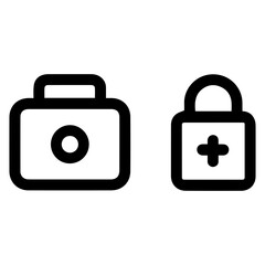 Insurance. Medical care. Black vector icon of lock and first aid kit