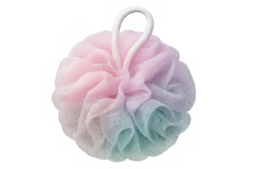 Pastel bath puff with white hanging loop, adding soft touch to bathroom decor and personal cleansing experience