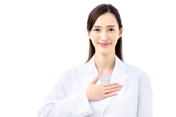 手を胸に置く白衣の女性 医師　薬剤師　研究者