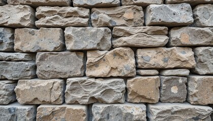 Fototapeta premium Close-up of rough irregular stone wall made of granite blocks, natural colors and texture.