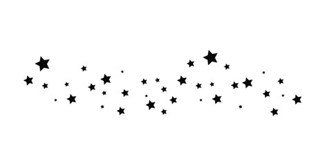 A scattering Black stars trail pattern illustration on white background with scattered sparkling stars design for festive celebration and decoration.