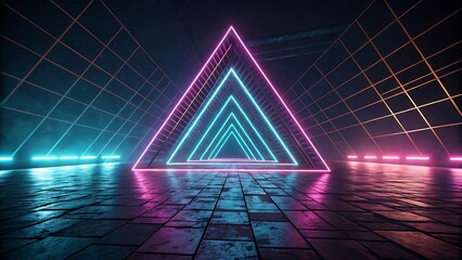 Glowing triangle portal emits blue and magenta light illuminating a patterned floor within a dark futuristic space, evoking a retro vibe and modern design.